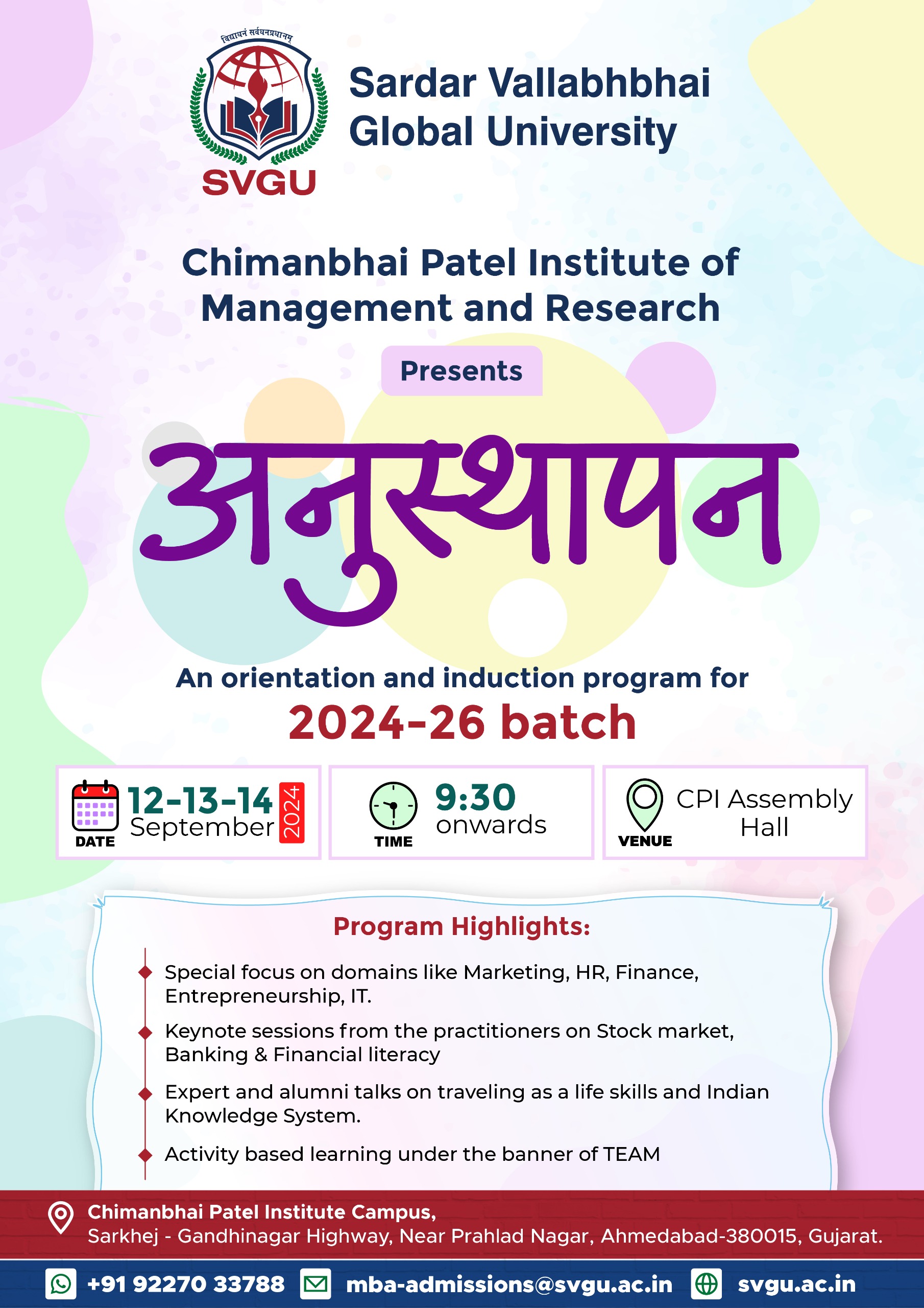 Anusthapan - An orientation and Induction Program for MBA 2024-26 Batch